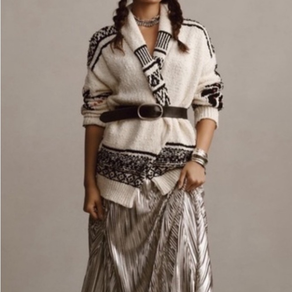 Anthropologie Cream and Black Patterned Sherpa Cardigan - Picture 2 of 7